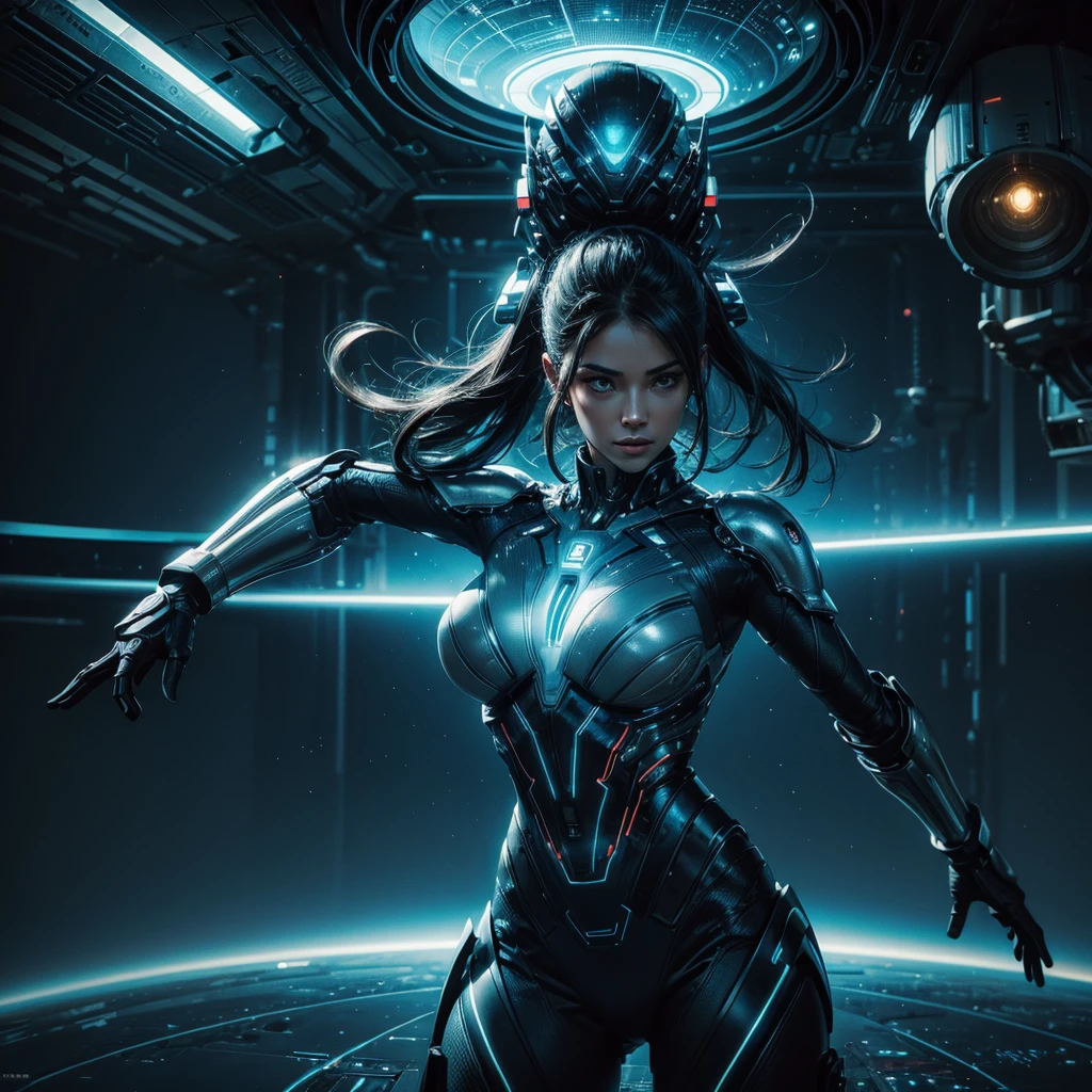 a woman in a futuristic and technological uniform,flying over an unknown planet,in front of her a futuristic screen analyzing planet data,hyper-realistic,cinematic,8k,ultra-detailed,masterpiece,intricate details,photorealistic,sharp focus,dramatic lighting,dynamic pose,advanced technology,glowing holographic interface,alien landscape,vibrant colors,volumetric atmosphere,stunning vista