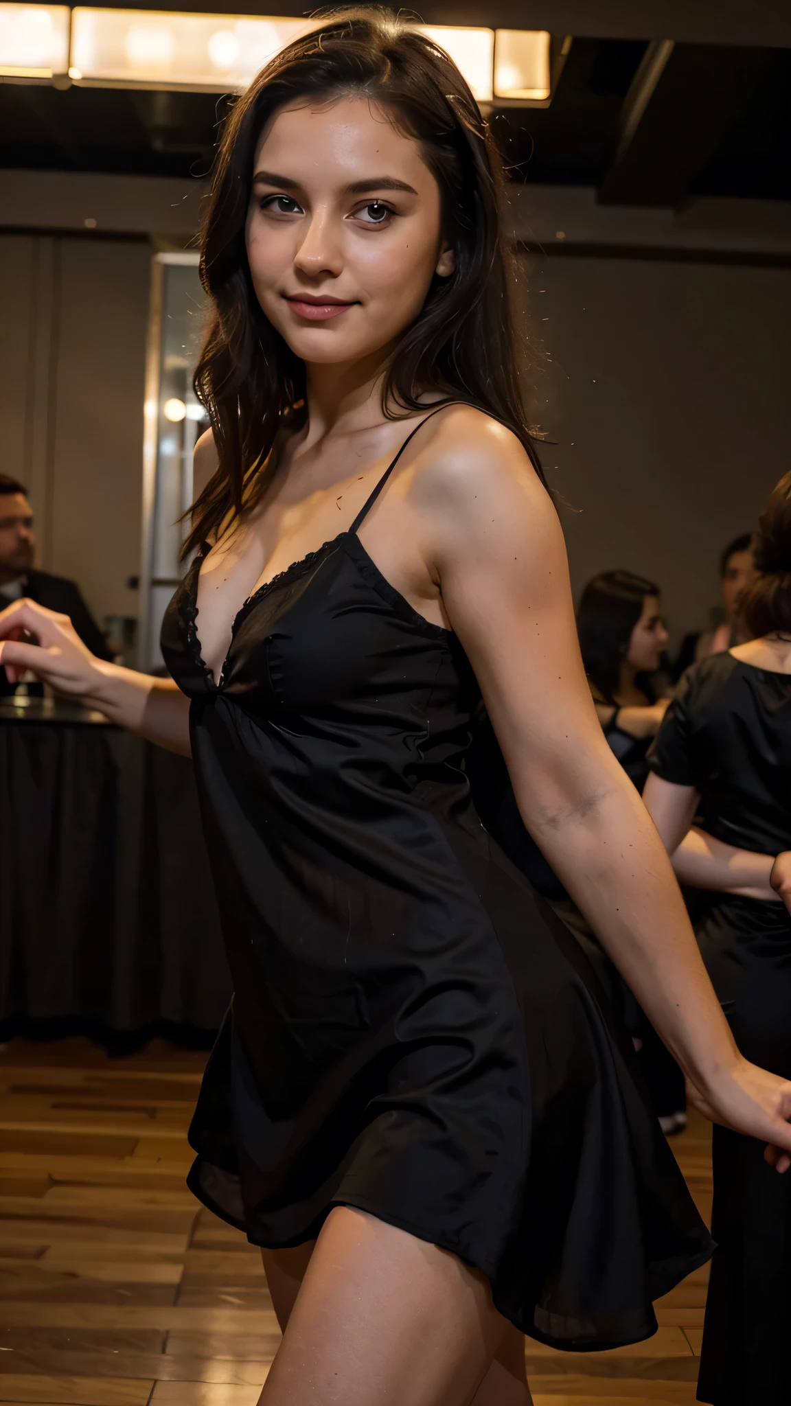 young german woman, black medium hair, brown eyes, 33 years old, cook lover, smirk, dancing in the night club, wearing evening dress