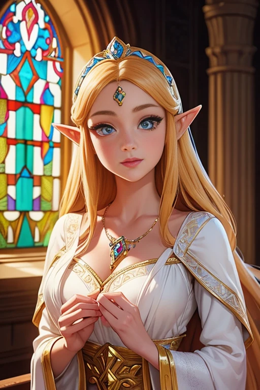 medieval princess zelda, beautiful detailed eyes, beautiful detailed lips, extremely detailed face and skin, delicious long, elegant royal dress, intricate jewelry, castle interior, stained-glass windows, warm lighting, film composition, fancy, digitalpainting