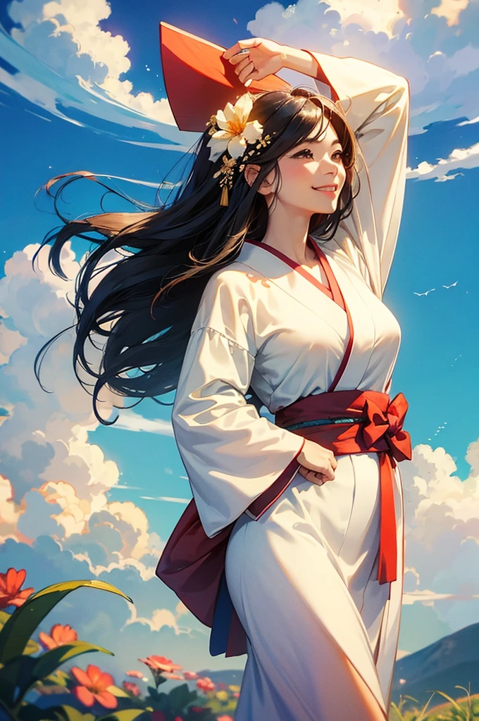 A beautiful woman in a kimono greets the morning with a smile and open arms against the backdrop of summer cumulonimbus clouds