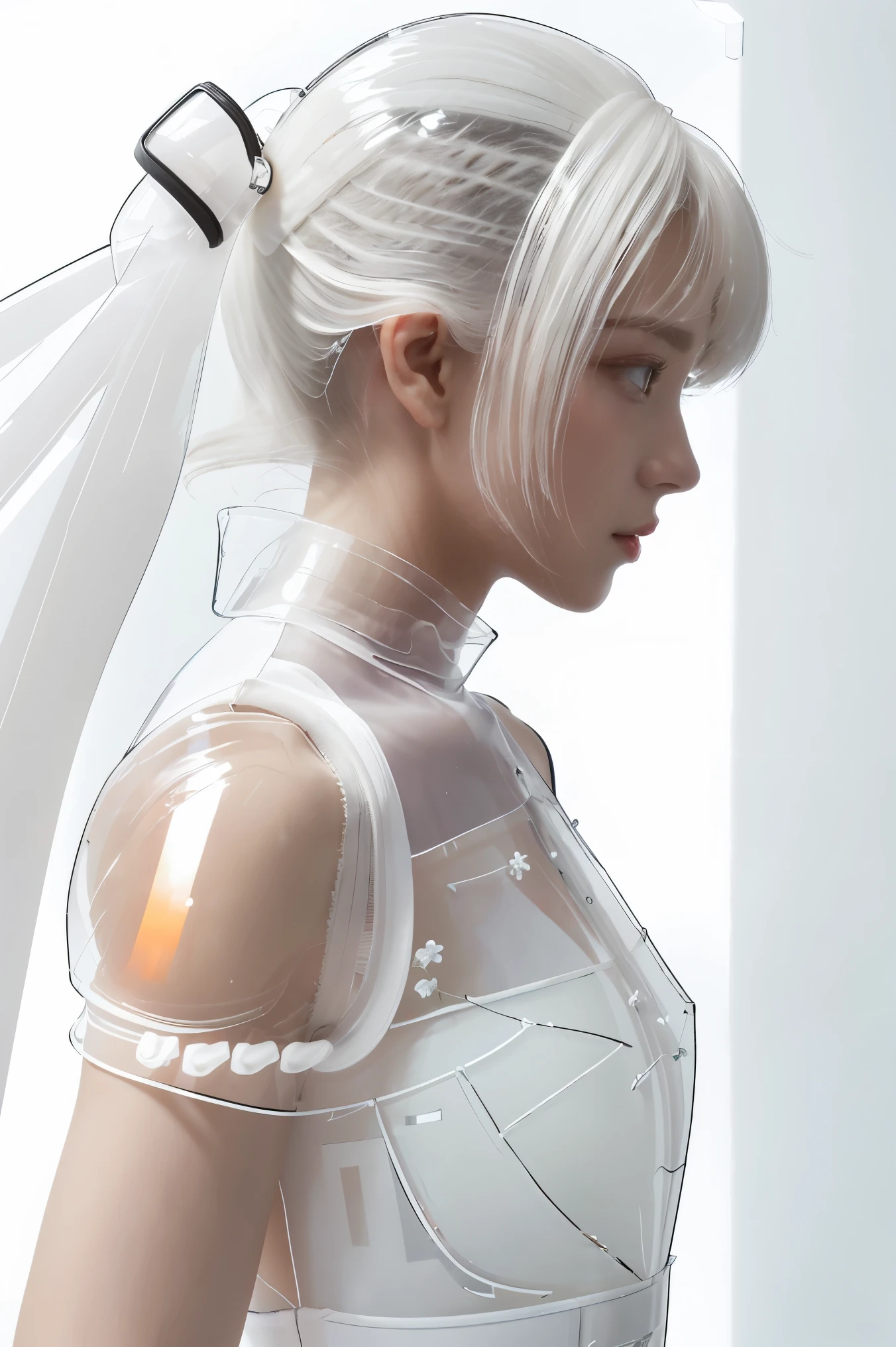 Highest quality,The perfect masterpiece,Perfect artwork,Official Works,8K,, (Upper Body Portrait:1.3),((Seen from the side:1.5)),close-up lens,Delicate face,, ,White-haired girl,(hakuhatsu:1.5),short and medium hair,((White transparent eyes:1.5)),(white dress:1.2),(Transparent clothing:1.2),(Black background:1.3),, pearl illusion,Cyberpunk,fashion trend,3s material,high-definition,detail representation,c4d,3D,octane rendering,ray tracing,complex details,animated lighting,OCrenderer,