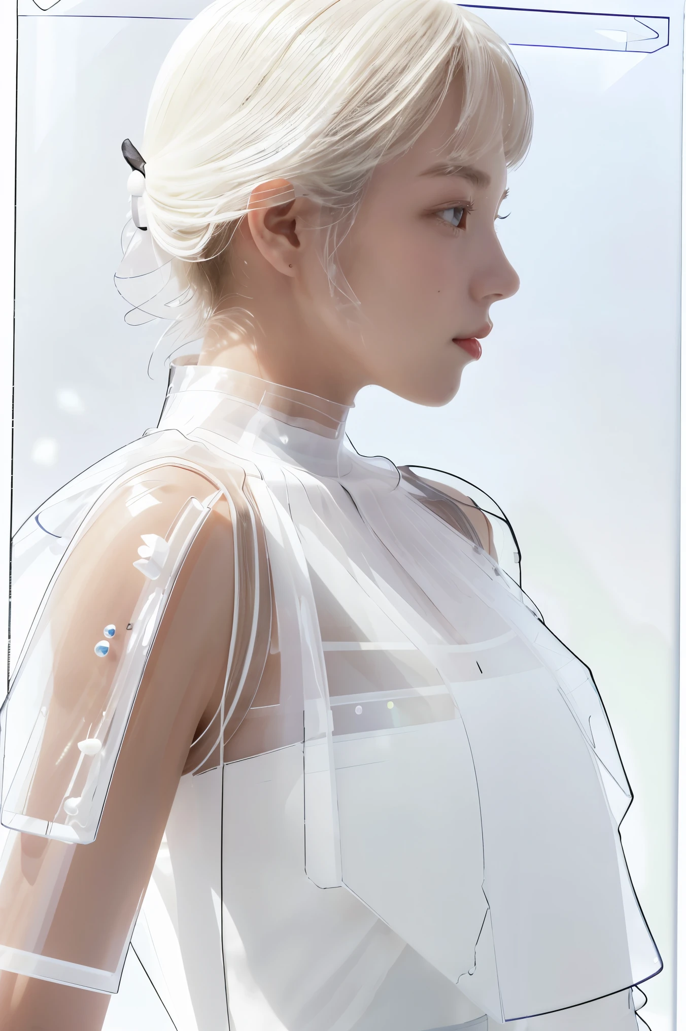 Highest quality,The perfect masterpiece,Perfect artwork,Official Works,8K,, (Upper Body Portrait:1.3),((Seen from the side:1.5)),close-up lens,Delicate face,, ,White-haired girl,(hakuhatsu:1.5),short and medium hair,((White transparent eyes:1.5)),(white dress:1.2),(Transparent clothing:1.2),(Black background:1.3),, pearl illusion,Cyberpunk,fashion trend,3s material,high-definition,detail representation,c4d,3D,octane rendering,ray tracing,complex details,animated lighting,OCrenderer,