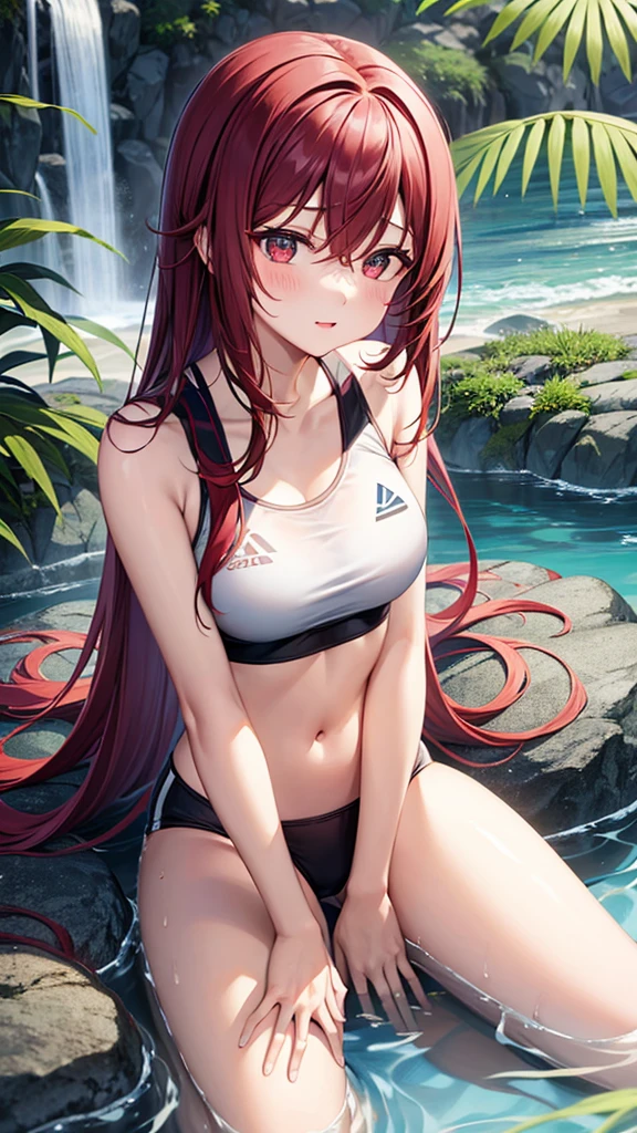1_girl, solo, kei (dirty pair) (cosplay), 32-years-old femaile. Dark red long hair with bangs to the eyebrows. Wearing a black T-shirt top and bikini bottom, waterfall background, upper body portrait , back turned