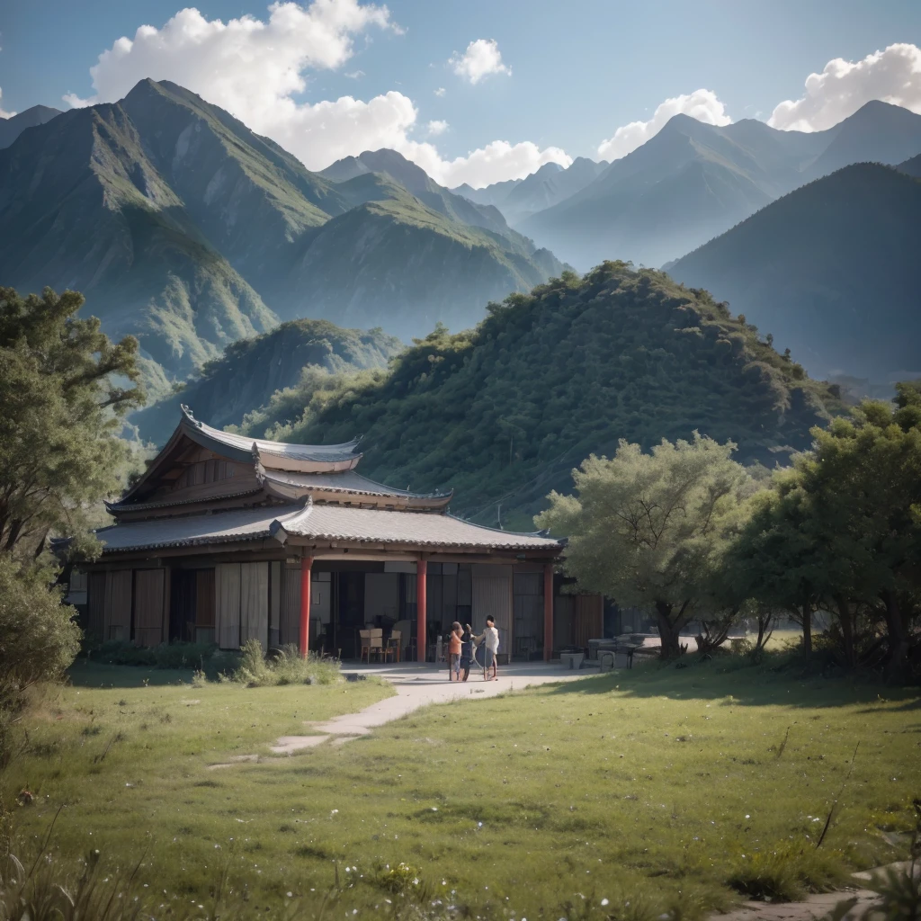 Chinese Modern Building with mountains in background, Epic, Cinematic. best quality, ultra high res, (photorealistic:1.4),, high resolution, detailed, raw photo, sharp re, by lee jeffries nikon d850 film stock photograph 4 kodak portra 400 camera f1.6 lens rich colours hyper realistic lifelike texture dramatic lighting unrealengine trending on artstation cinestill 800,