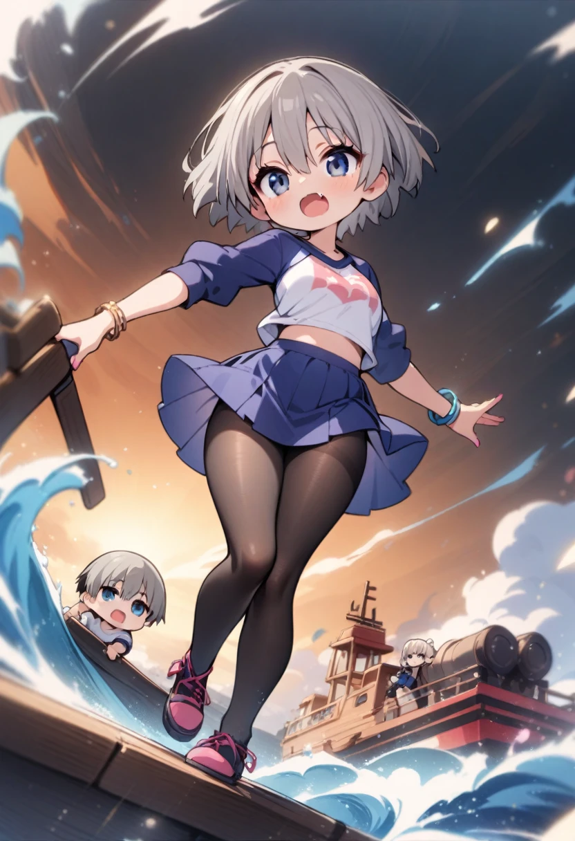 chibi, masterpiece, best quality, very aesthetic, absurdres, 1girl, full_body,uzaki_hana, uzaki-chan_wa_asobitai!, grey_hair, short_hair, blue_eyes, fang, bracelet, jewelry, nail_polish, pink_nails, blue_skirt, blue_sleeves, miniskirt, pantyhose, black_pantyhose, raglan_sleeves, shirt, white_shirt with red printed,on a ship,floating_hair,