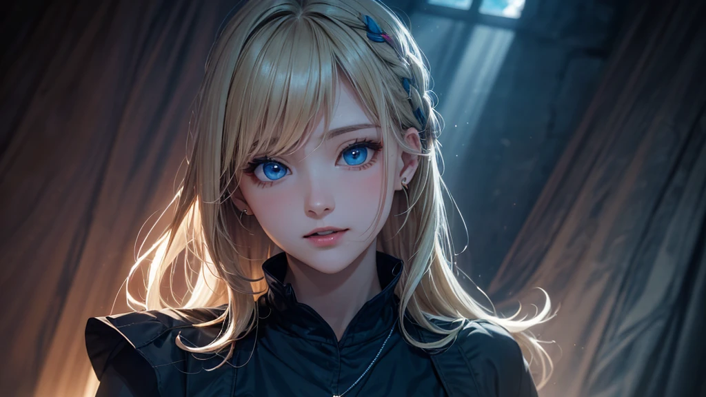 ​masterpiece),(top-quality:1.2),1girl in,(masuter piece:1.3),exquisitedetails, Highest quality 8K resolution, Ultra-detailed, Realistic, Vibrant colors, Soft tones, With warm and gentle lighting,(Smooth straight blonde hair:1.2),(Hair parted in the middle:1.3),(Glowing hair),(Dark blue eyes:1.3),White skin, hair clips,Small necklace,A gentle feeling overflows,The sun's rays illuminate joy and pure love, Warm golden glow,The atmosphere is full of happiness and laughter, As if celebrating love,Ultra-detailed depiction and vivid colors,A style that combines romanticism and realism,depth of love,color palettes,Create an ethereal atmosphere like a dream,Lighting is soft and diffused,masterpiece artwork,light light on the face,