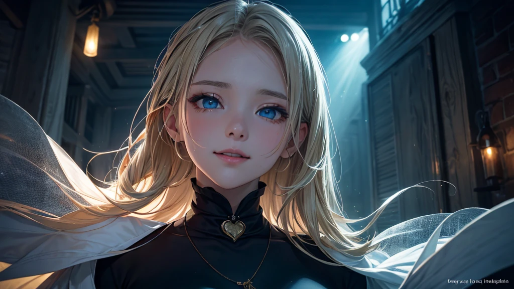 masterpiece),(top-quality:1.2),1girl in,(masuter piece:1.3),exquisitedetails, Highest quality 8K resolution, Ultra-detailed, Realistic, Vibrant colors, Soft tones, With warm and gentle lighting,(Smooth straight blonde hair:1.2),(Hair parted in the middle:1.3),(Glowing hair),(Dark blue eyes:1.3),White skin, hair clips,Small necklace,A gentle feeling overflows,The sun's rays illuminate joy and pure love, Warm golden glow,The atmosphere is full of happiness and laughter, As if celebrating love,Ultra-detailed depiction and vivid colors,A style that combines romanticism and realism,depth of love,color palettes,Create an ethereal atmosphere like a dream,Lighting is soft and diffused,masterpiece artwork,light light on the face,