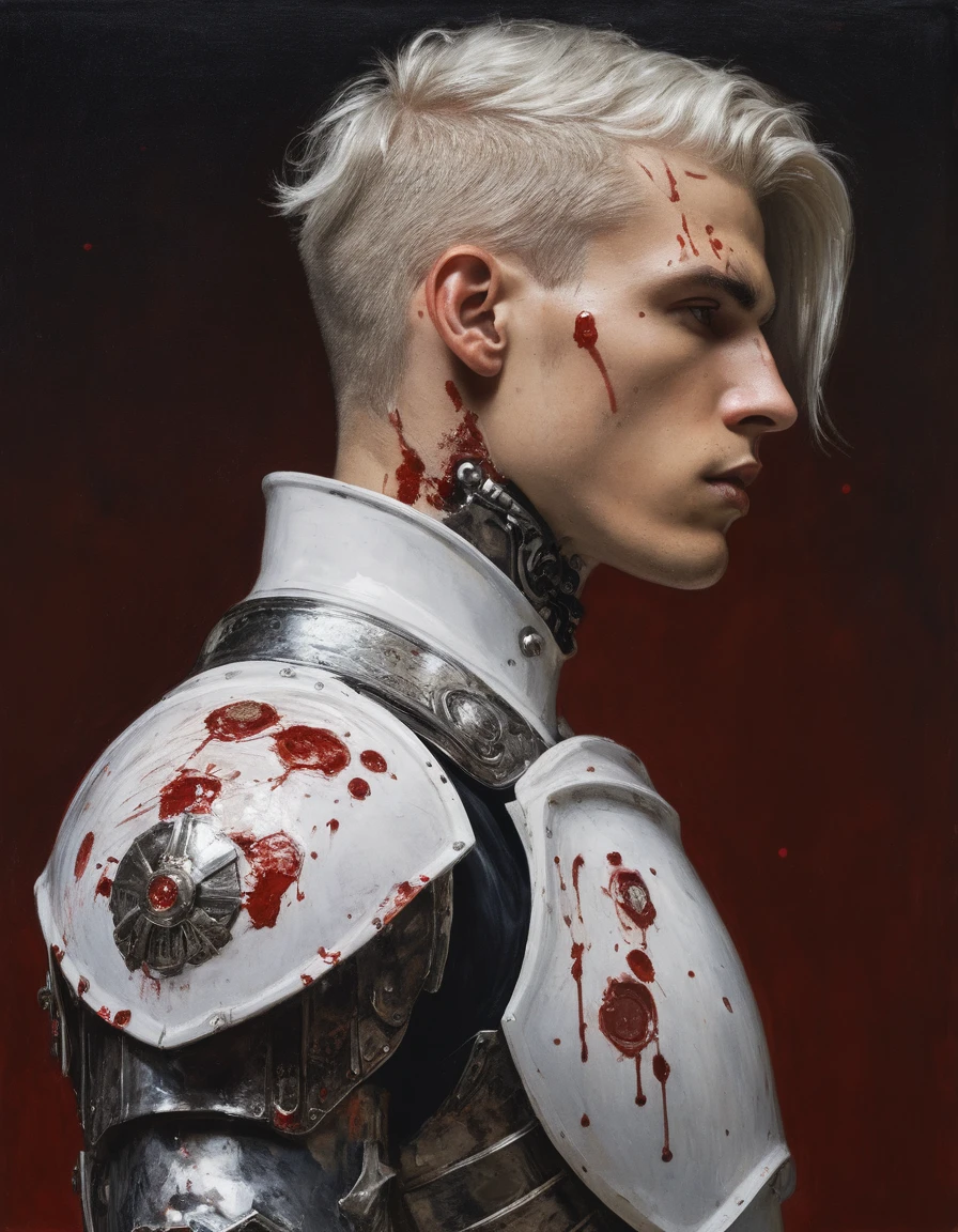 {{Masterpiece, best quality, oil painting, by Gustav Klimt, by Franz von Stuck, by J. C. Leyendecker}}, ((((((the profile half body portrait of a 20 year old male cyborg, manly, sexy, tall, muscular, he has blood covered silver hair, splattered in blood injured face, sullen, arrogant, haughty, majestic, furious)))))), (((((He is splattered in blood, wearing a blood covered white cyborg plate armor, with a red diamond shape on his chest))))). (((burning background))).
