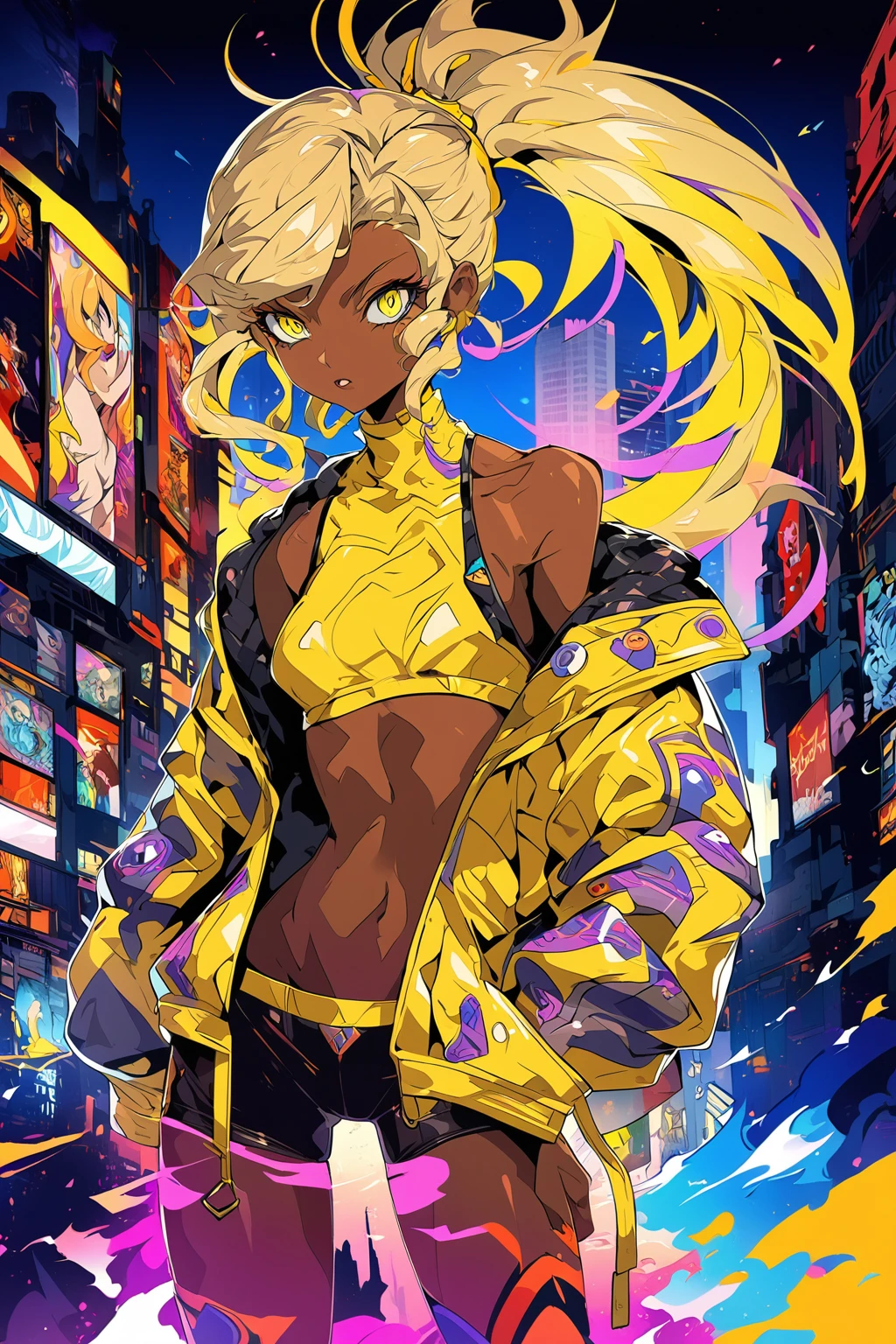 Close-up of a woman in a bikini and a yellow jacket, Low-rise micro hot pants,White nude,Blonde,Lost draw | Afrofuturism, Lost draw cartoon vibrant, Anime manga girl, Gweiz-style artwork, Lost Strand Style, Danganronpa Digital Art, Afrofuturism anime, City Girl Fan Art, Digital anime illustration, Anime atmosphere, Anime-style artwork, Anime style digital art,Yellow Concept