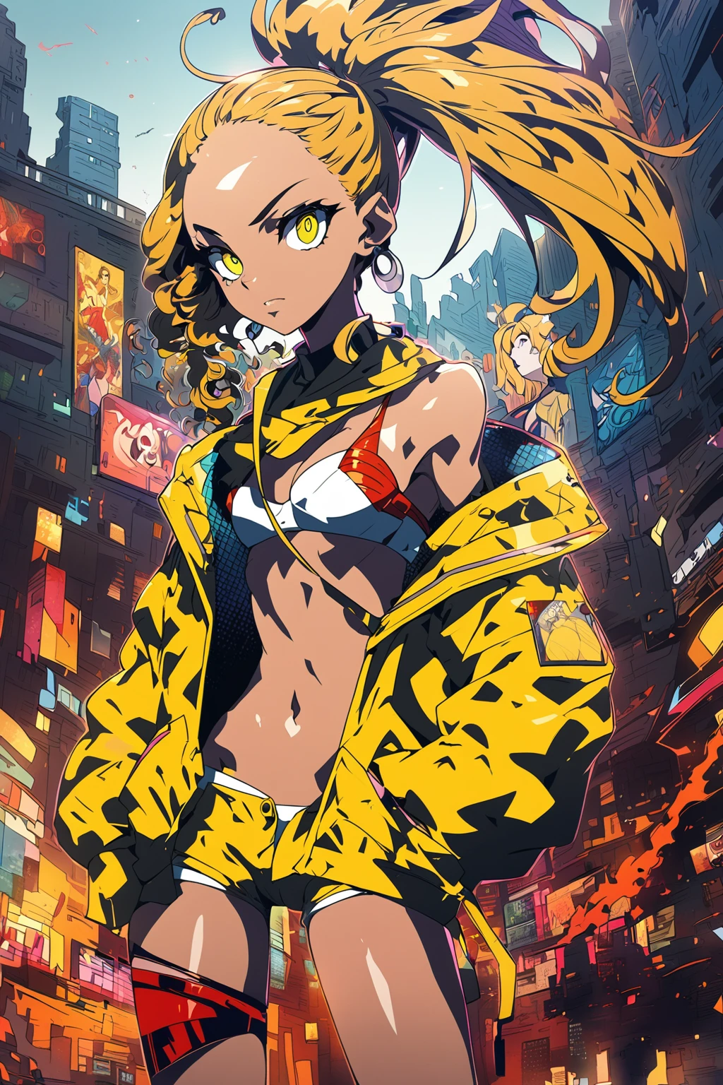 Close-up of a woman in a bikini and a yellow jacket, Low-rise micro hot pants,White nude,Blonde,Lost draw | Afrofuturism, Lost draw cartoon vibrant, Anime manga girl, Gweiz-style artwork, Lost Strand Style, Danganronpa Digital Art, Afrofuturism anime, City Girl Fan Art, Digital anime illustration, Anime atmosphere, Anime-style artwork, Anime style digital art,Yellow Concept