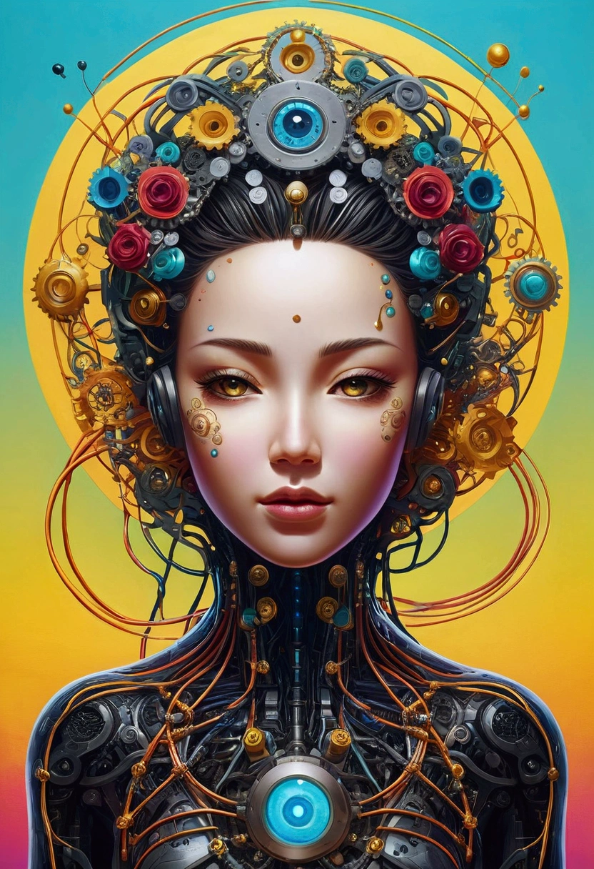 Create an abstract artwork blending anime and pop art styles, focusing on the metaphorical concept of 'machine healing.' Feature a humanoid figure with a serene expression, combining mechanical and organic elements. Include glowing mechanical WIRES connected to the mind , The artwork explores the idea of emotional and psychological healing facilitated by the synthetic or artificial—whether that be technology, societal constructs, or even self-constructed personas. It delves into the idea that healing and self-improvement can come from seemingly inanimate or artificial sources, suggesting that even the "cold" and "mechanical" can offer warmth and restoration.
Surround the figure with layers of fragmented identities using gears and digital streams. Add vibrant pop art elements like pixelated tears and emoticons to represent digital emotions.
Incorporate an abstract background that blends artificial landscapes with organic elements, using bright, contrasting colors and neon accents. The artwork should evoke a sense of comfort and introspection, highlighting the healing potential within the synthetic.