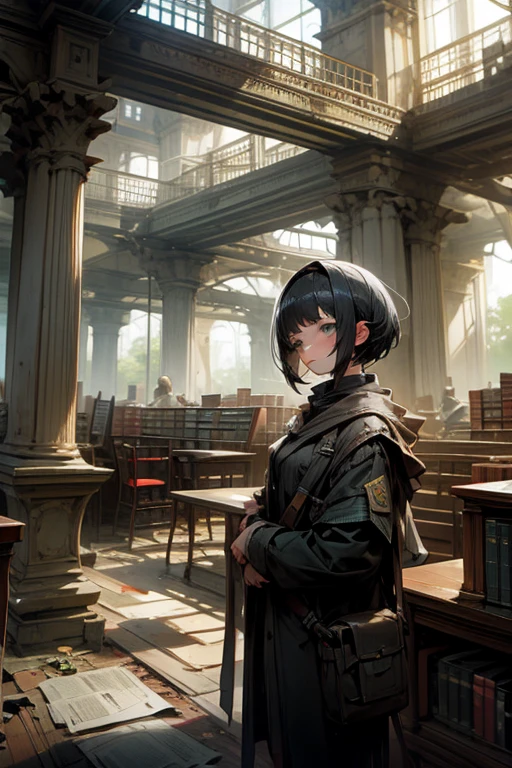 library,ruins,Near future,girl,Short Hair,investigate