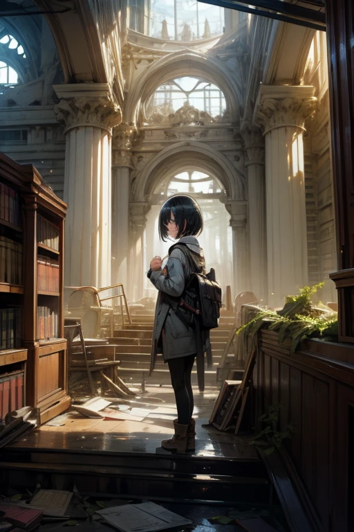 library,ruins,Near future,girl,Short Hair,investigate