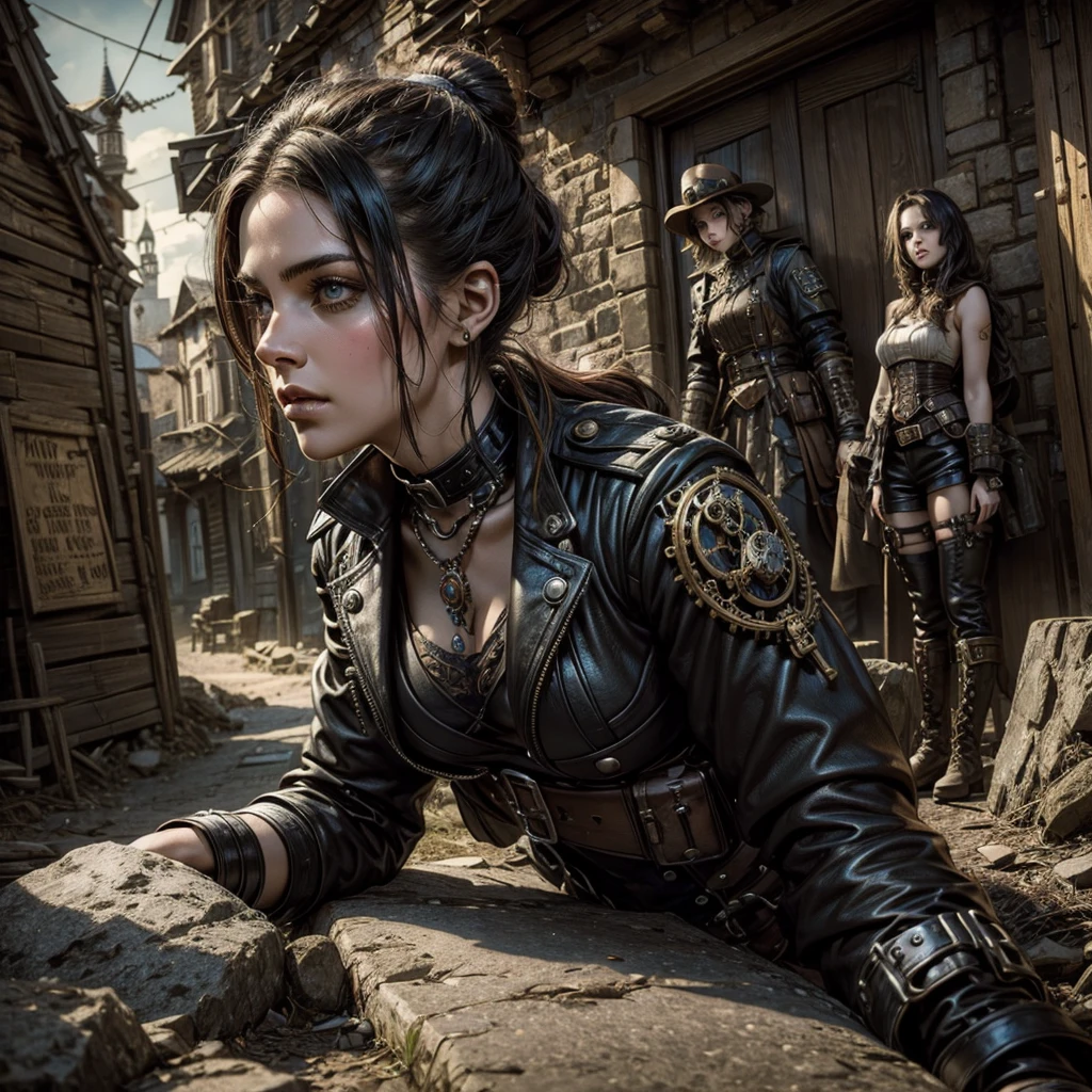 a steampunk female soldier resting in a gothic village populated by strange surreal figures, hyper-realistic, cinematic, 8k, ultra-detailed, intricate detail,dynamic pose,masterpiece
