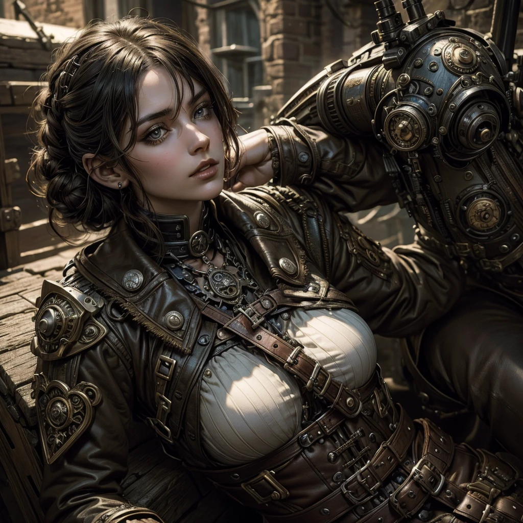
a steampunk female soldier resting in a gothic village populated by strange surreal figures, hyper-realistic, cinematic, 8k, ultra-detailed, intricate detail,dynamic pose,masterpiece