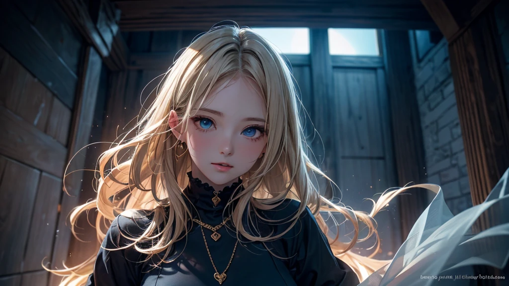 masterpiece),(top-quality:1.2),1girl in,(masuter piece:1.3),exquisitedetails, Highest quality 8K resolution, Ultra-detailed, Realistic, Vibrant colors, Soft tones, With warm and gentle lighting,(Smooth straight blonde hair:1.2),(Hair parted in the middle:1.3),(Glowing hair),(Dark blue eyes:1.3),White skin, hair clips,Small necklace,A gentle feeling overflows,The sun's rays illuminate joy and pure love, Warm golden glow, As if celebrating love,Ultra-detailed depiction and vivid colors,A style that combines romanticism and realism,depth of love,color palettes,Create an ethereal atmosphere like a dream,Lighting is soft and diffused,masterpiece artwork,light light on the face, the girl is in love with you, She looks into your eyes
