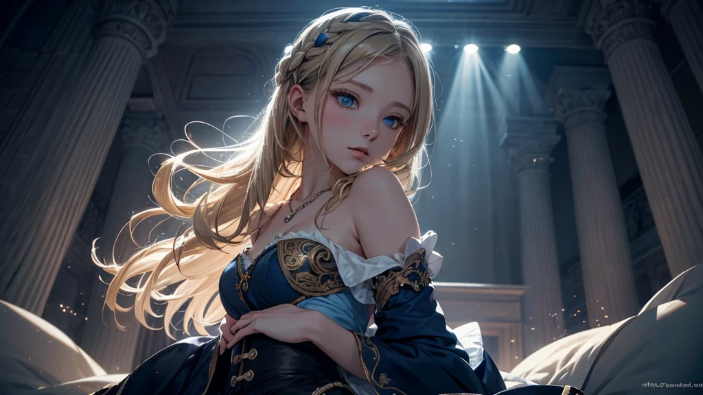 masterpiece),(top-quality:1.2),1girl in,(masuter piece:1.3),exquisitedetails, Highest quality 8K resolution, Ultra-detailed, Realistic, Vibrant colors, Soft tones, With warm and gentle lighting,(Smooth straight blonde hair:1.2),(Hair parted in the middle:1.3),(Glowing hair),(Dark blue eyes:1.3),White skin, hair clips,Small necklace,A gentle feeling overflows,The sun's rays illuminate joy and pure love, Warm golden glow, As if celebrating love,Ultra-detailed depiction and vivid colors,A style that combines romanticism and realism,depth of love,color palettes,Create an ethereal atmosphere like a dream,Lighting is soft and diffused,masterpiece artwork,light light on the face, the girl is in love with you, She looks into your eyes