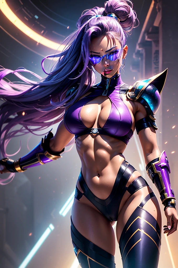 A perfect sexy and beautiful, exuberant and very young cybernetic android warrior with black African and oriental features, Japanese and Chinese, mixed with the clone of the Greek warrior goddess Athena, with huge super ultra mega giant breasts, Brunetette, very thin waist, very tanned and sweaty, huge  ass, steep, HARD AND MUSCULOUS, Purple colored eyes, with barcode tattoos, transformed into a super sensual and extremely super ULTRA HIPER muscular astronaut goddess, fitness, bodybuilder, fit bodybuilder and weightlifter, very muscular thighs wearing very short punk style hair, super radical and purple and very smooth in locks, wearing sexy cyberpunk battle outfits, seen in the form of a hologram made only of light energy, coastal view, administrator and leader, queen goddess of a gigantic fleet of thousands of spaceships and hundreds of planets of her powerful stellar empire running courageously across the bridge of a star cruiser wearing a holographic helmet in the Corinthian battle format with a visor and horsehair topknot, like a crystal fin, of luminous Athenian warrior, electronic and futuristic