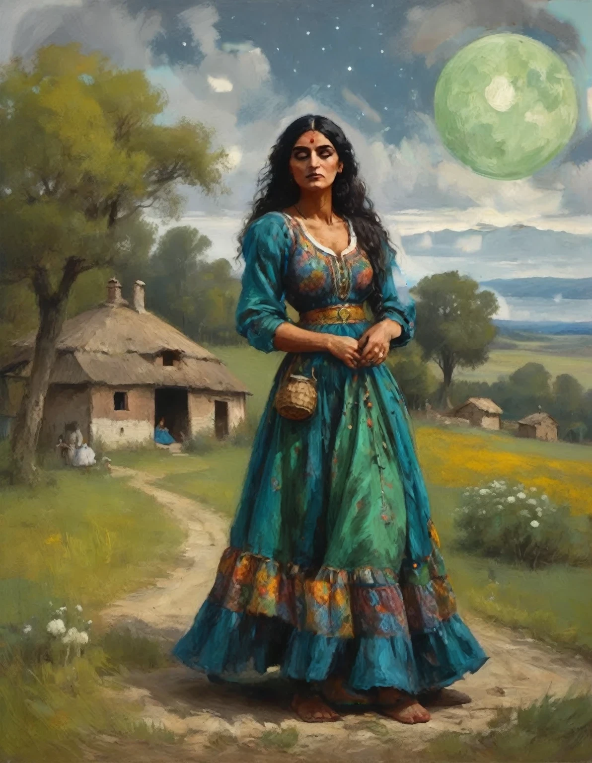 centered oil painting with panoramic view of a night landscape, full moon night, with a rustic house in the background, full length of a beautiful gypsy girl in a blue dress and (((green dark))) (4:8), acentuade collors, walking in front of a house, Night sky with full moon, night shadows,Magnificent oil painting, Art station style, fantasy art style by Abigail Larson, high détail, 8k, mid-journey style
