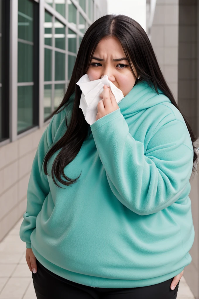 Anime. Young woman. Ssbbw. Cold. Runny nose. Snot. Sneezes non-stop. Snotty sneezing, sneezing spray. Standing at full height. Full body.