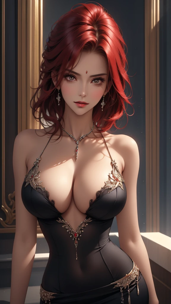  Beautiful sexy cool edgy  tall, slim, fit woman, intricate and highly detailed, big firm heavy breasts, deep cleavage, bob red hair, body chain, diamond jewelry, sparkly, shiny, wlop, round premium , sexy , amazing boobies