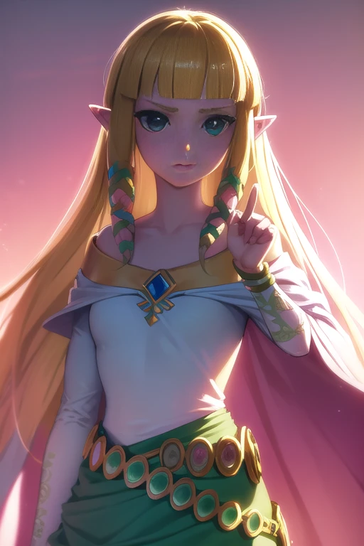 Princess Zelda, Princess Zelda, hair blonde, (greeneyes:1.5), pointy ears, long hair, parted bangs,
break bead necklase, beads, waist belt, clamp, cape, diadem, clavicle, don, aretes, jewerly, necklase, triforça, triforça aretes, V-shaped eyebrows, White cloack, (pink don:1.5),
break looking at viewer, whole body,
break outdoors,
break (work of art:1.2), best qualityer, high resolution, unity wallpaper 8k, (illustration:0.8), (beautiful detailed eyes:1.6), extreme detailed face, perfect lighting, extremely detailed CG, (perfect hands, Perfect Anatomia),