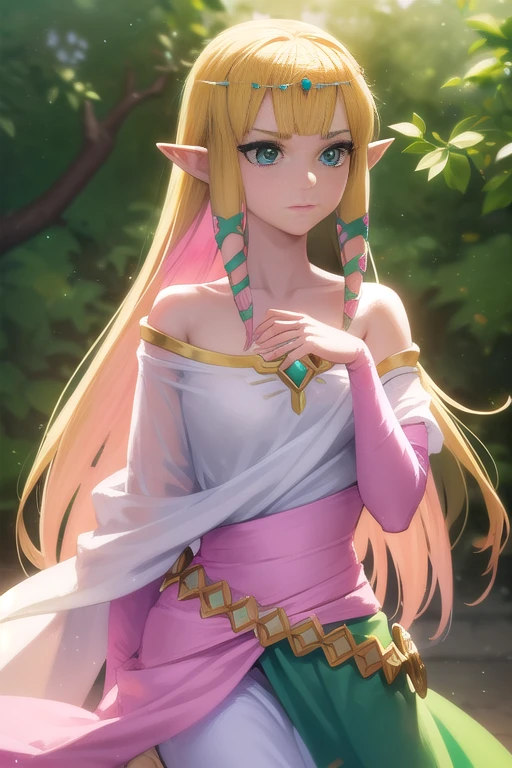 Princess Zelda, Princess Zelda, hair blonde, (greeneyes:1.5), pointy ears, long hair, parted bangs,
break bead necklase, beads, waist belt, clamp, cape, diadem, clavicle, don, aretes, jewerly, necklase, triforça, triforça aretes, V-shaped eyebrows, White cloack, (pink don:1.5),
break looking at viewer, whole body,
break outdoors,
break (work of art:1.2), best qualityer, high resolution, unity wallpaper 8k, (illustration:0.8), (beautiful detailed eyes:1.6), extreme detailed face, perfect lighting, extremely detailed CG, (perfect hands, Perfect Anatomia),