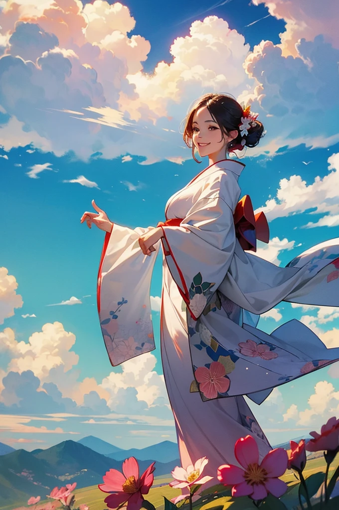 A beautiful woman in a kimono greets the morning with a smile and open arms against the backdrop of summer cumulonimbus clouds