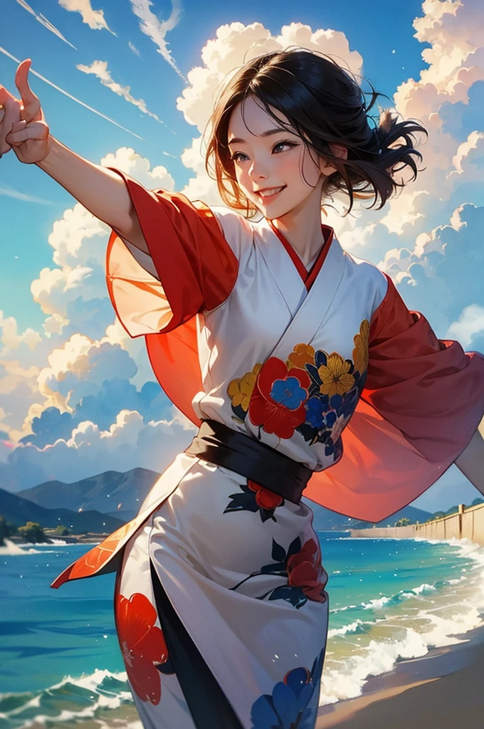 A beautiful woman in a kimono greets the morning with a smile and open arms against the backdrop of summer cumulonimbus clouds
