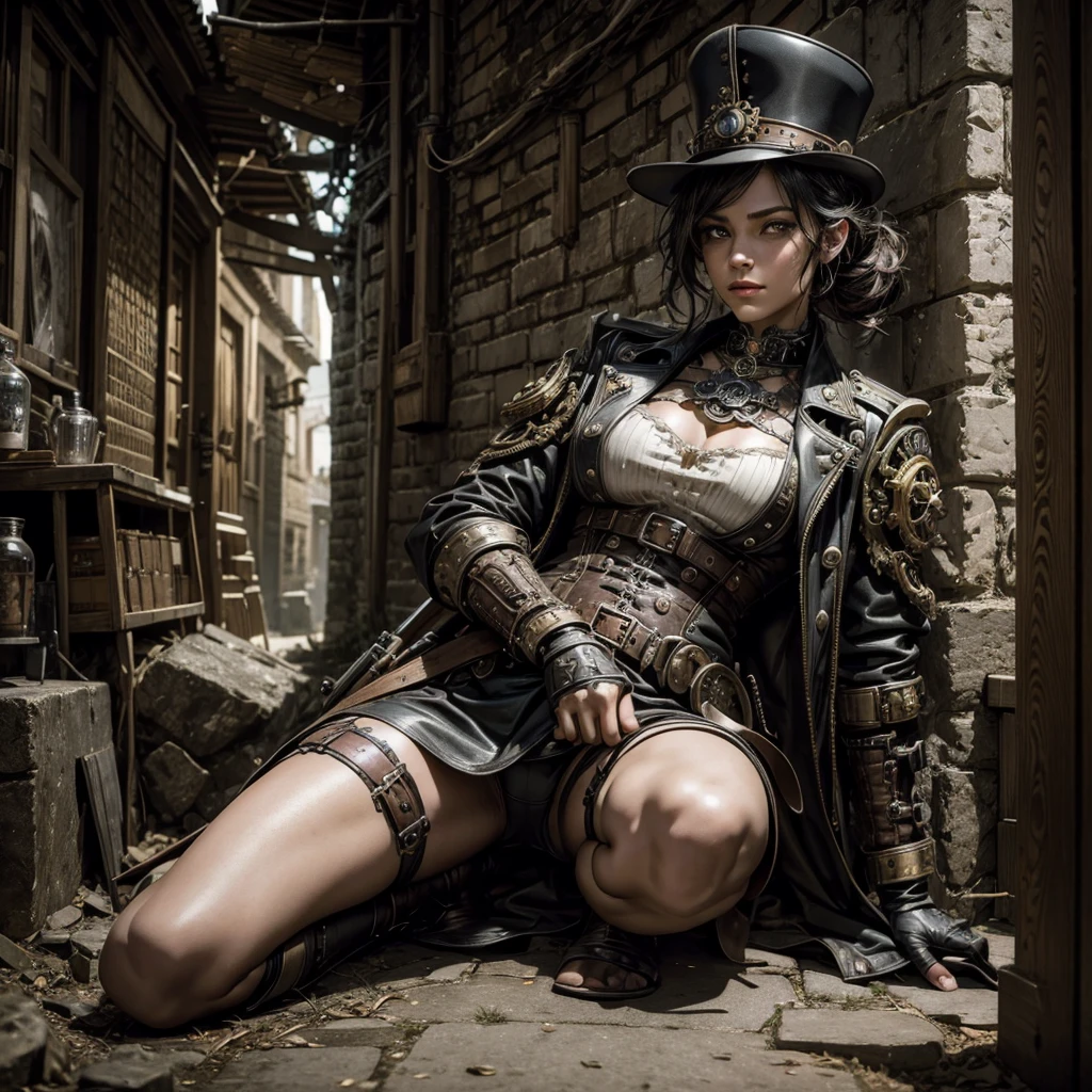 a steampunk female soldier resting in a gothic village populated by strange surreal figures, hyper-realistic, cinematic, 8k, ultra-detailed, intricate detail,dynamic pose,masterpiece