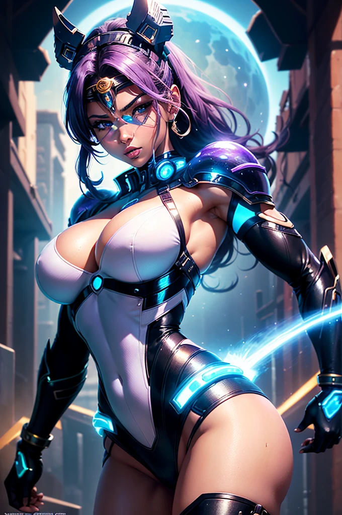 A perfect and beautiful, exuberant and very young cybernetic android warrior with black African and oriental features, Japanese and Chinese, mixed with the clone of the Greek warrior goddess Athena, with huge super ultra mega giant breasts, Brunetette, very thin waist, very tanned and sweaty, huge ass, steep, HARD AND MUSCULOUS, Purple colored eyes, with barcode tattoos, transformed into a super sensual and extremely super ULTRA HIPER muscular astronaut goddess, fitness, bodybuilder, fit bodybuilder and weightlifter, very muscular thighs wearing very short punk style hair, super radical and purple and very smooth in locks, wearing sexyerpunk battle outfits, seen in the form of a hologram made onlf light energy, coastal view, administrator and leader, queen goddess of a gigantic fleet of thousands of spaceships and hundreds of planets of her powerful stellar empire running courageously across the bridge of a star cruiser wearing a holographic helmet in tCorinthian battle format with a visor and horsehair topknot, like a crystal fin, of luminous Athenian warrior, electronic and futuristic