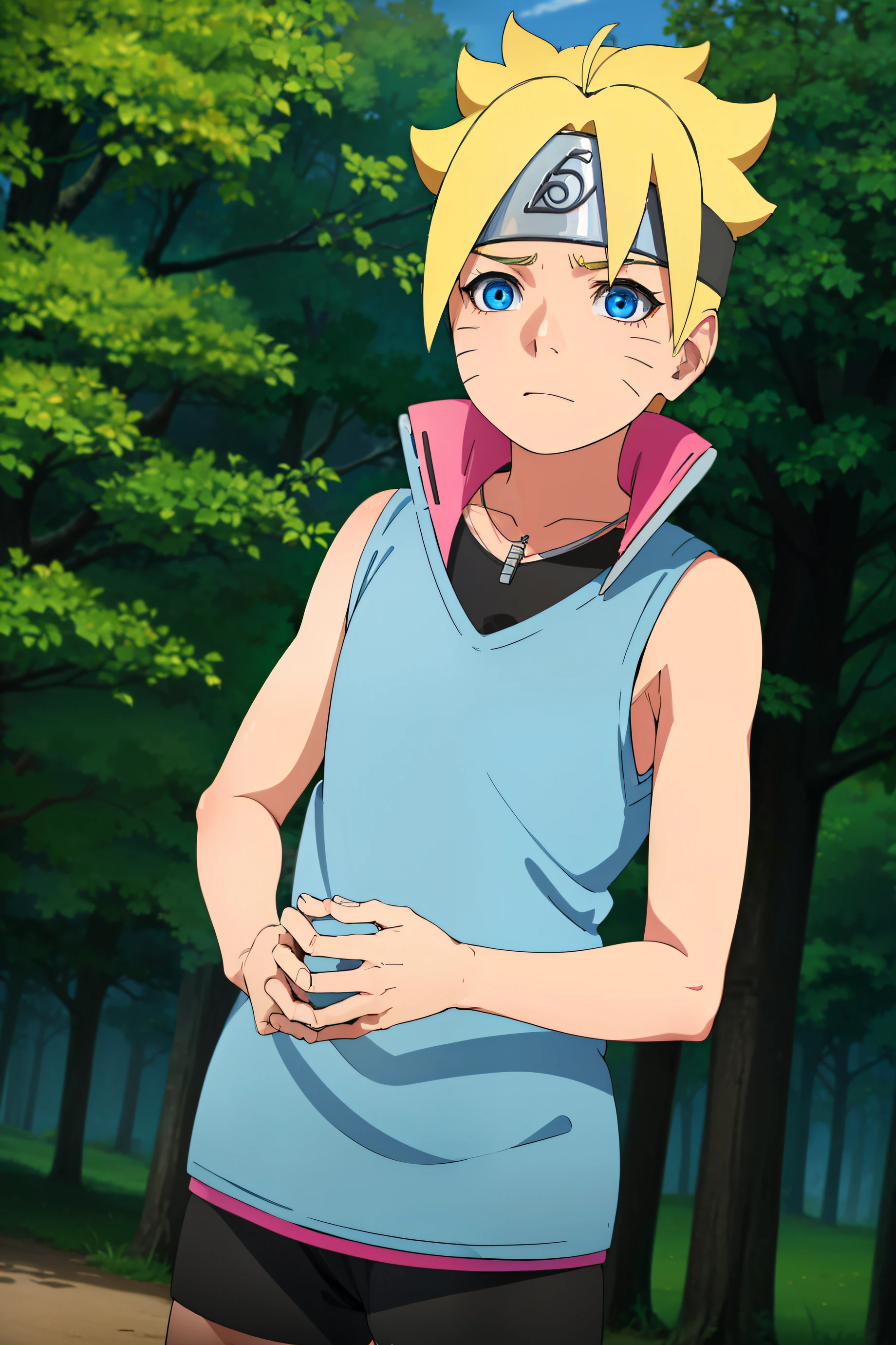 Borutouzumaki, Boruto uzumaki, short hair, blue eyes, blonde hair, Boy, Shota, focus, facial mark, spiked hair, whisker markings, forehead protector,
Sleeveless hoodie, Bare shoulder, necklace,
forest, nature, trees, grass, sky, clouds, sun,
 Looking at viewer, (cowboy shot:1.5),
BREAK (masterpiece:1.2), best quality, high resolution, unity 8k wallpaper, (illustration:0.8), (beautiful detailed eyes:1.6), extremely detailed face, perfect lighting, extremely detailed CG, perfect hands, perfect anatomy