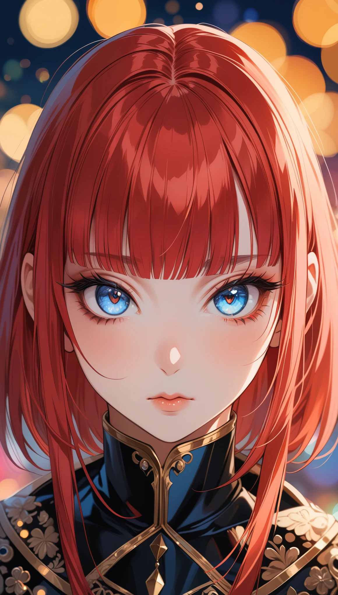 8K, RAW, best quality, masterpiece, ultra high res, colorful, full body portrait, (medium wide shot), (dynamic perspective), sharp focus , (depth of field, bokeh:1.3), extremely detailed eyes and face, beautiful detailed eyes,
perfect eyes, perfect face, ultra detailed, blue eyes, determined, looking down, thick eyelashes, eyeliner, red hair, blunt bangs
