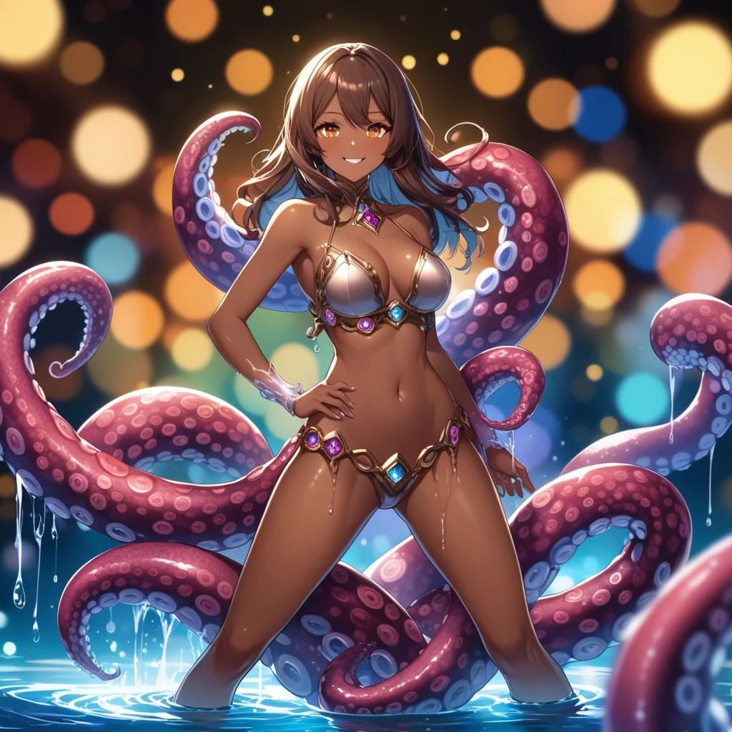 8K, RAW, best quality, masterpiece, ultra high res, colorful, full body portrait, (medium wide shot), (dynamic perspective), sharp focus , (depth of field, bokeh:1.3), extremely detailed eyes and face, beautiful detailed eyes, 
Magic Knight Woman Manipulating Hot Water Dripping Tentacles、wicked smile、Entangled tentacles、ultra-definition、Brown-skinned、Cowgirl posture、