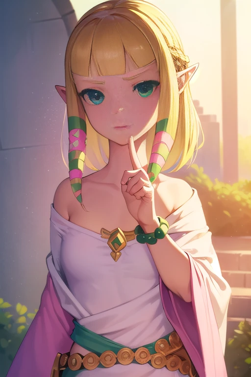 Princess Zelda, Princess Zelda, hair blonde, (greeneyes:1.5), pointy ears, short hair, parted bangs, break bead necklase, beads, waist belt, clamp, cape, diadem, clavicle, don, aretes, jewerly, necklase, triforça, triforça aretes, V-shaped eyebrows, White cloack, (pink don:1.5), break looking at viewer, whole body, break outdoors, break (work of art:1.2), best qualityer, high resolution, unity wallpaper 8k, (illustration:0.8), (beautiful detailed eyes:1.6), extreme detailed face, perfect lighting, extremely detailed CG, (perfect hands, Perfect Anatomia),