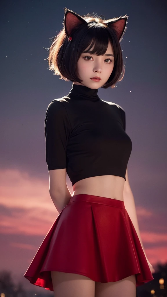 Delicate and dainty young woman with shiny bob-cut black hair and cat ears. She is wearing red wear with mini-skirt. The background is a fantastic and ethereal night sky that seems to be haunted by a specter. Her expression is stern and atmospheric. 10 years old