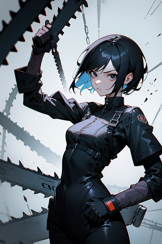 Draw a black and short haired girl with black eyes holding a chainsaw in a epic pose while she's in a epic background