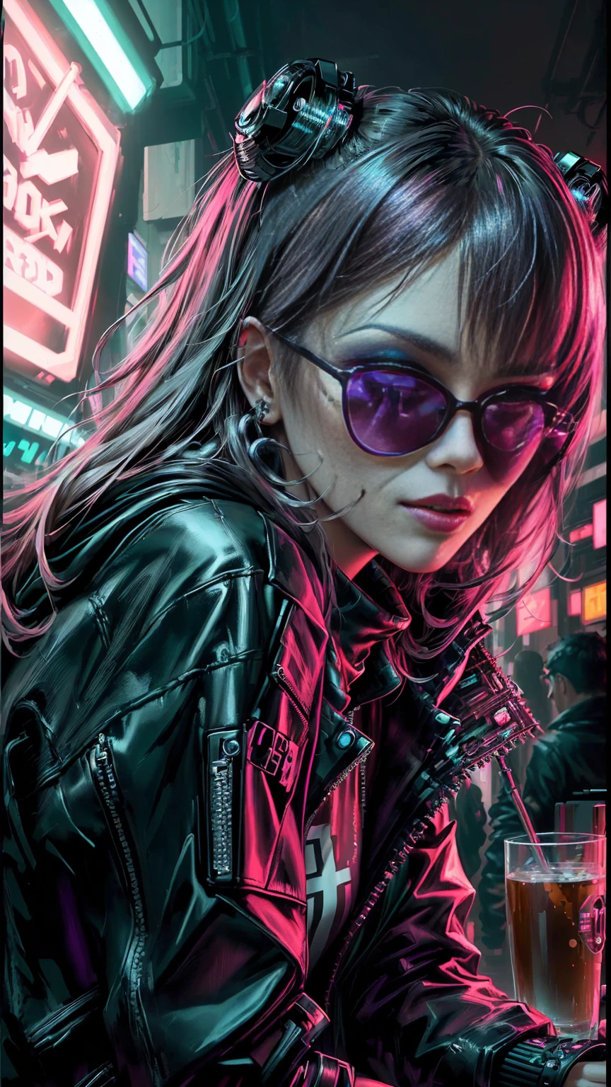 Close-up of a woman in sunglasses and leather jacket, Cyberpunk art style, the Cyberpunk Girl portrait, Cyberpunk atmosphere, Cyberpunk atmospheres, Cyberpunk themed art, Detailed cyberpunk illustration, Cyberpunk Styleのカラー, Cyberpunk art style, Dark Cyberpunk Illustration, Cyberpunk Style, dreamy Cyberpunk Girl, ハイパーリアルなCyberpunk Style, Cyberpunk Digital Painting, cyberpunk shading, Cyberpunk Girl, Cyberpunk Portrait