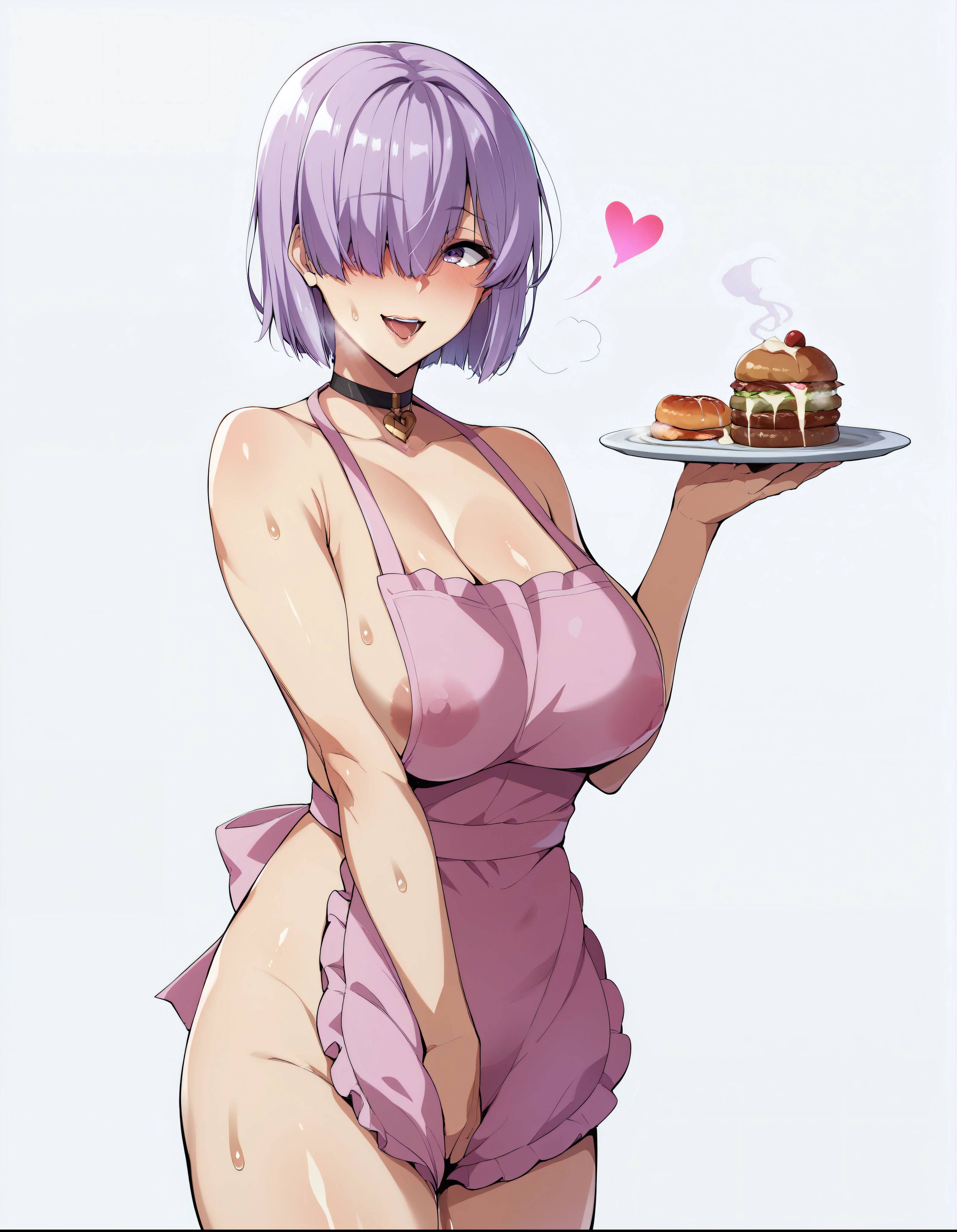 Cup under the crotch、Ultra-detailed illustrations、Ultra-precise expression、masterpiece、Highest quality、ultra High resolution、High resolution、Hiromitsu Takeda Style、White background、Simple Background、Mash Kyrielight、light purple hair,short hair,hair over one eyes、Naked Pink Apron、heart apron、Vulgar expression、smile、Open your mouth、Choker of Hearts、White Breath、Sweat、Glowing Skin、shiny skin、Put the plate、steak、
