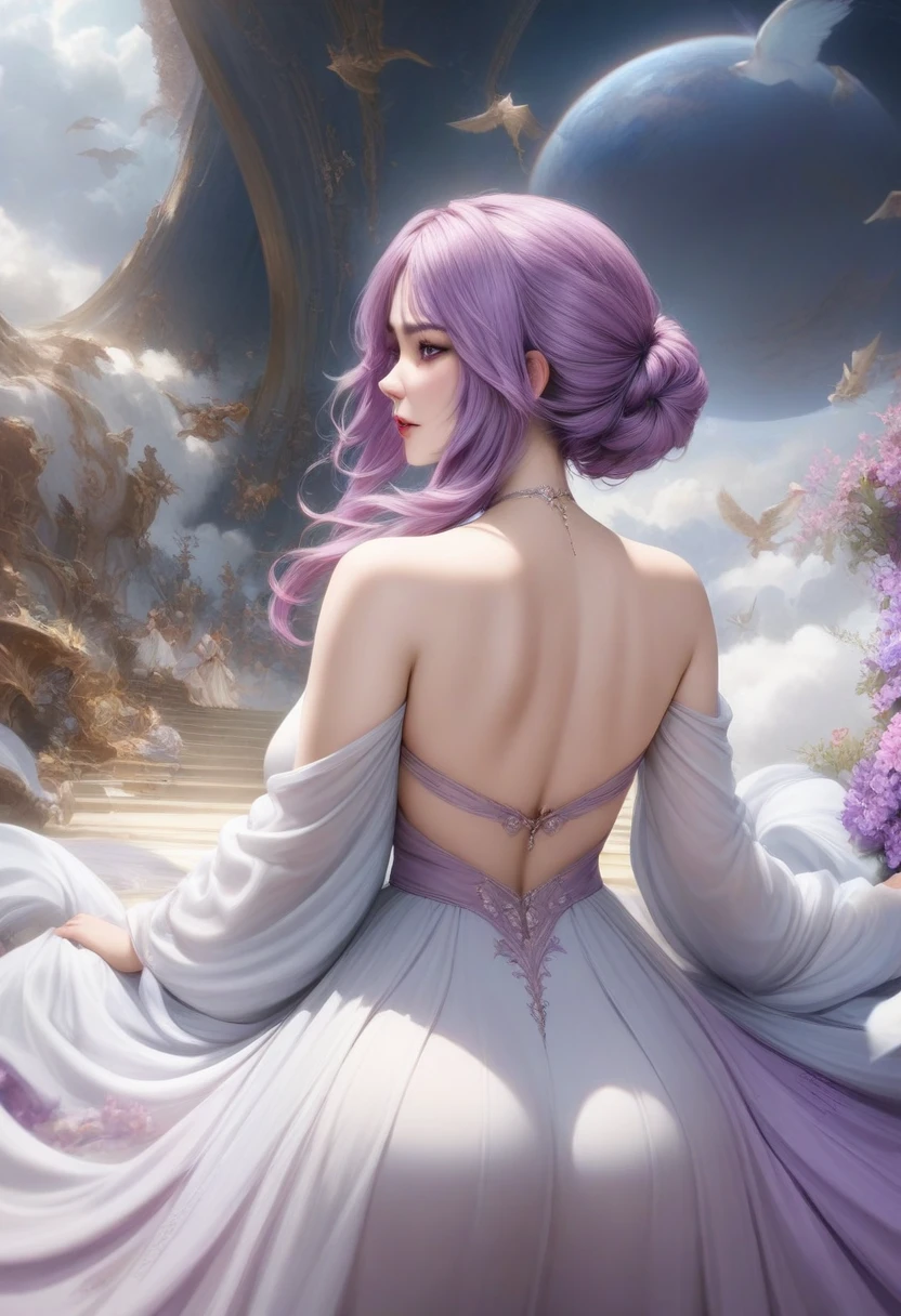 animetoreal, masterpiece, best quality, very aesthetic, absurdres, 1girl, mature_lady,,Lilac hair,sidelocks,in heaven,floating_clothes,from behind