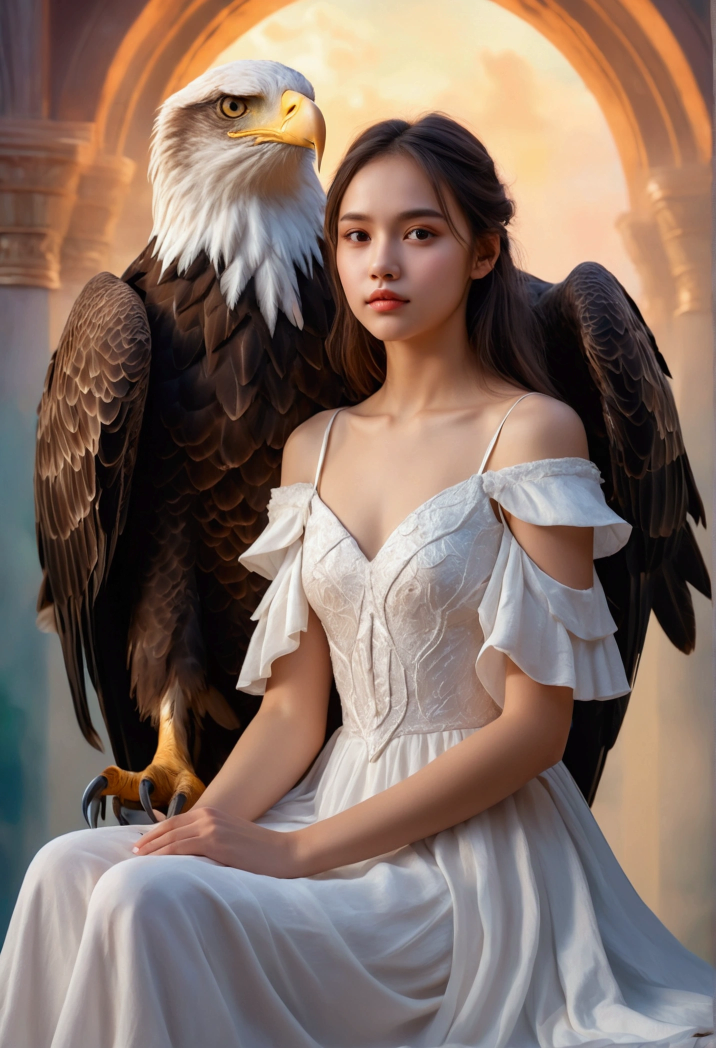 Beautiful girl in white dress sitting on eagle's shoulder, fantasy style, fantasy background, oil painting style, pastel colors, soft light, soft shadows, high detail, smooth lines, photorealistic style, portrait photography style, shot with canon eos r5. —ar 3:4