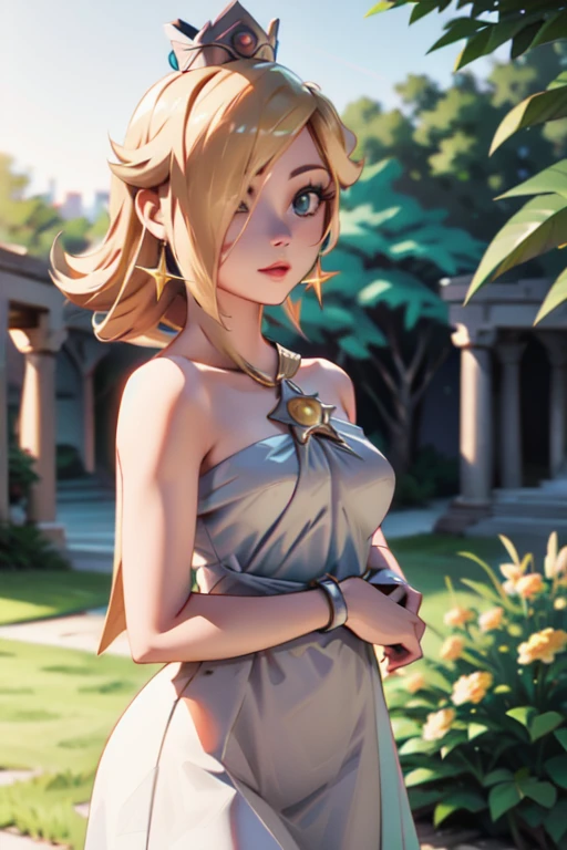 A beautiful, detailed 8K CGI portrait of an attractive blond woman with hair covering one eye, wearing an ancient Greek-style dress, with a crown on her head, standing in front of ancient Greek columns and plants, highly detailed, photorealistic, cinematic bokeh, incredibly sharp resolution, masterpiece, best quality
