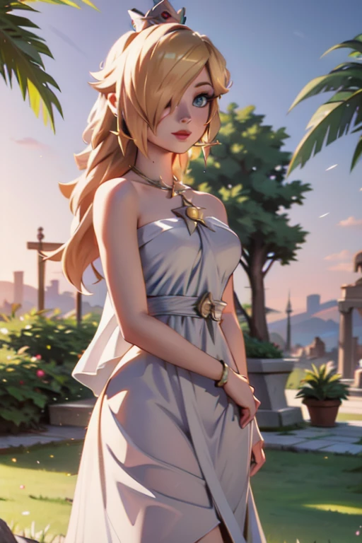 A beautiful, detailed 8K CGI portrait of an attractive blond woman with hair covering one eye, wearing an ancient Greek-style dress, with a crown on her head, standing in front of ancient Greek columns and plants, highly detailed, photorealistic, cinematic bokeh, incredibly sharp resolution, masterpiece, best quality