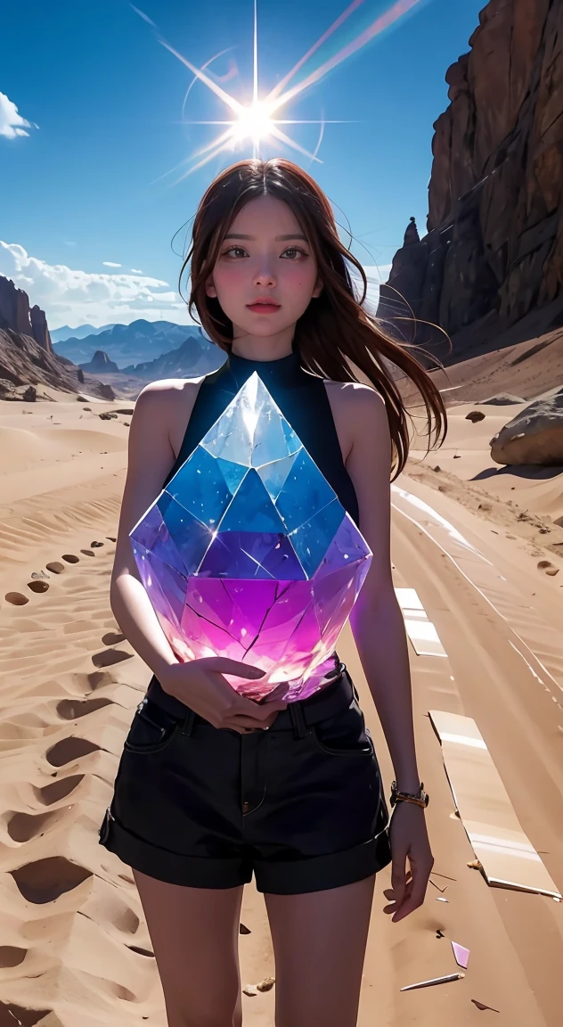 a woman is standing in the desert with a large object, full of glass. society, magical crystals, still frame from a movie, inspired by Louis Mathieu Verdilhan, album art for a trance DJ, the rift, triangle shards, cinematic lens flare, connectedness, [ shards, 4 dimensions