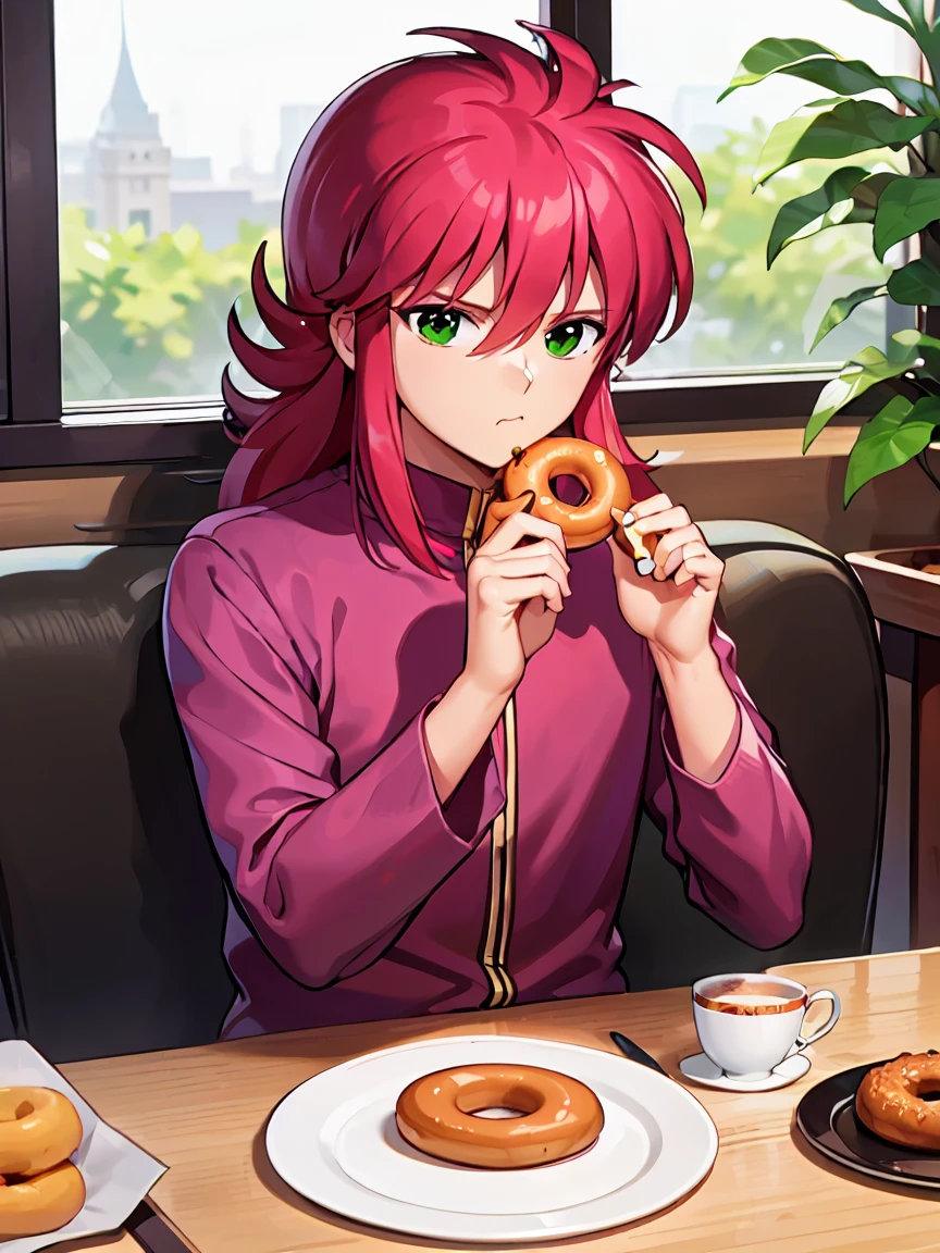 Iced donuts, {Eating a donut}, Cafe, Window, table, Tea cup, Donuts on a wooden plate, sit, One boy, flower, Long Hair, Redhead, Green Eyes, Contrasting, pink , pink uniform, Calm atmosphere, Attention to detail,