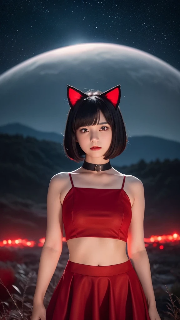 Delicate and dainty young woman with shiny bob-cut black hair and cat ears. She is wearing red wear with mini-skirt. The background is a fantastic and ethereal night sky that seems to be haunted by a specter. Her expression is stern and atmospheric. 