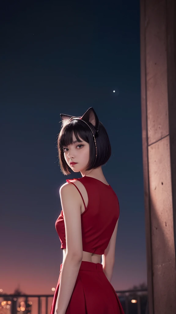 Delicate and dainty young woman with shiny bob-cut black hair and cat ears. She is wearing red wear with mini-skirt. The background is a fantastic and ethereal night sky that seems to be haunted by a specter. Her expression is stern and atmospheric.