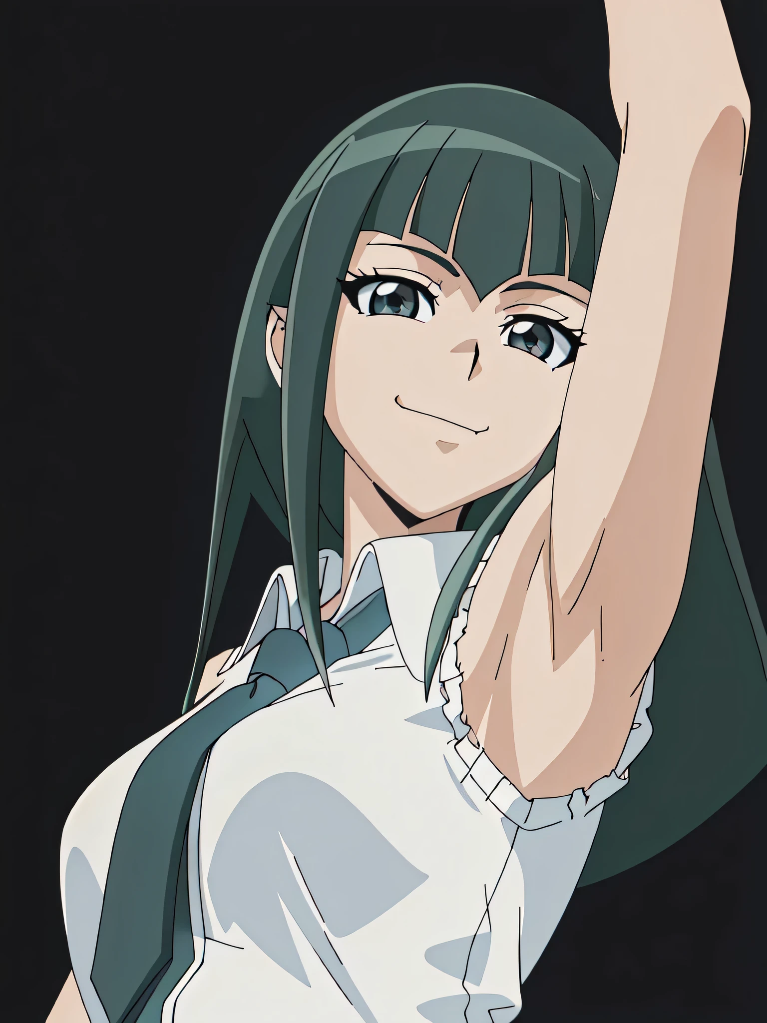 CC, dark grey eyes, office lady, tie, necktie, (black necktie:1.1), shirt, collared shirt, formal shirt, (white shirt:1.1), sleeveless shirt, sleeveless, bare shoulders, bare arms, 1girl, solo, anime screencap, frontlighting, (simple background, black background, dark background:1.3), masterpiece, absurdres, hdr, soft light, best quality, detailed, highres, shiny skin, shiny hair, (looking at viewer, eye contact with viewer:1.3), smile, smug, (closed mouth:1.2), arm up, raised arm, armpit, (from side, from below:1.4)