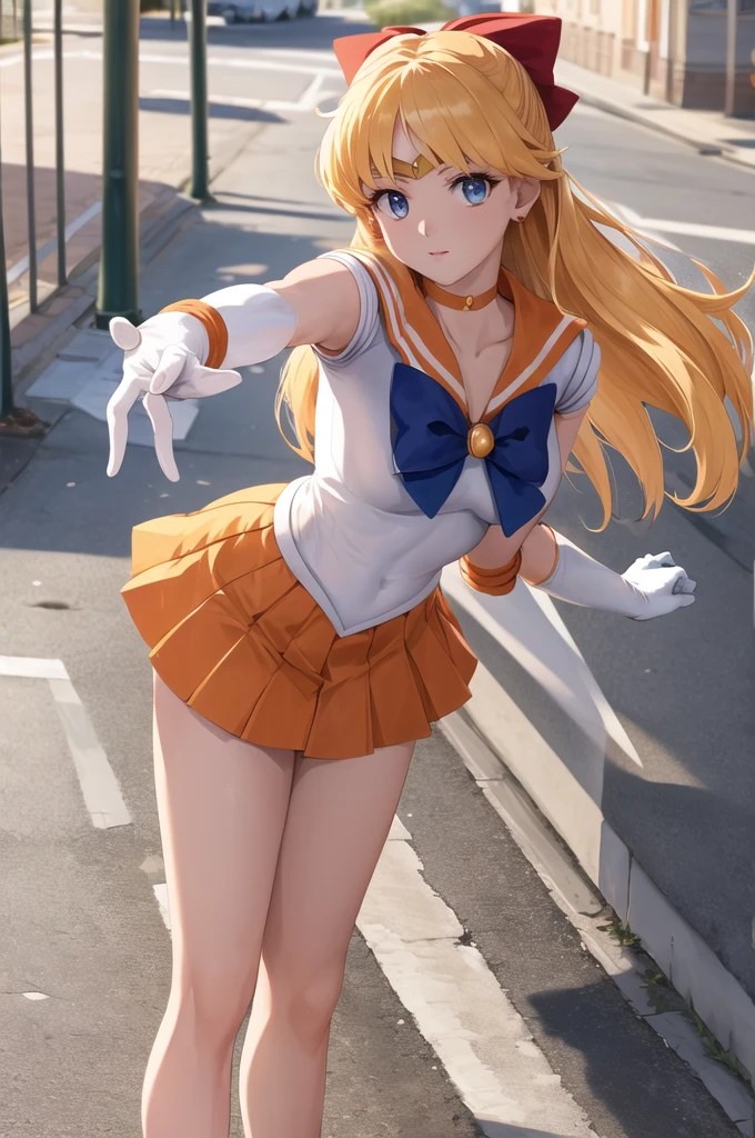 masterpiece, best quality, highres, sv1, sailor senshi uniform, orange skirt, elbow gloves, tiara, pleated skirt, miniskirt, red bow, orange choker, white gloves, jewelry, outdoors, street, cowboy shot, leaning forward, pointing at viewer,