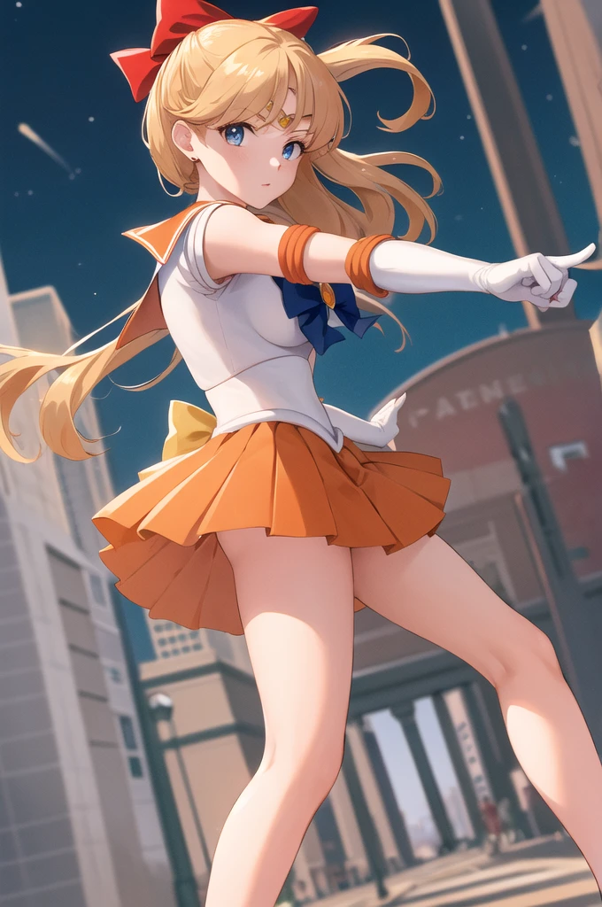 masterpiece, best quality, highres, sv1, sailor senshi uniform, orange skirt, elbow gloves, tiara, pleated skirt, miniskirt, red bow, orange choker, white gloves, jewelry, outdoors, street, cowboy shot, leaning forward, pointing at viewer,
